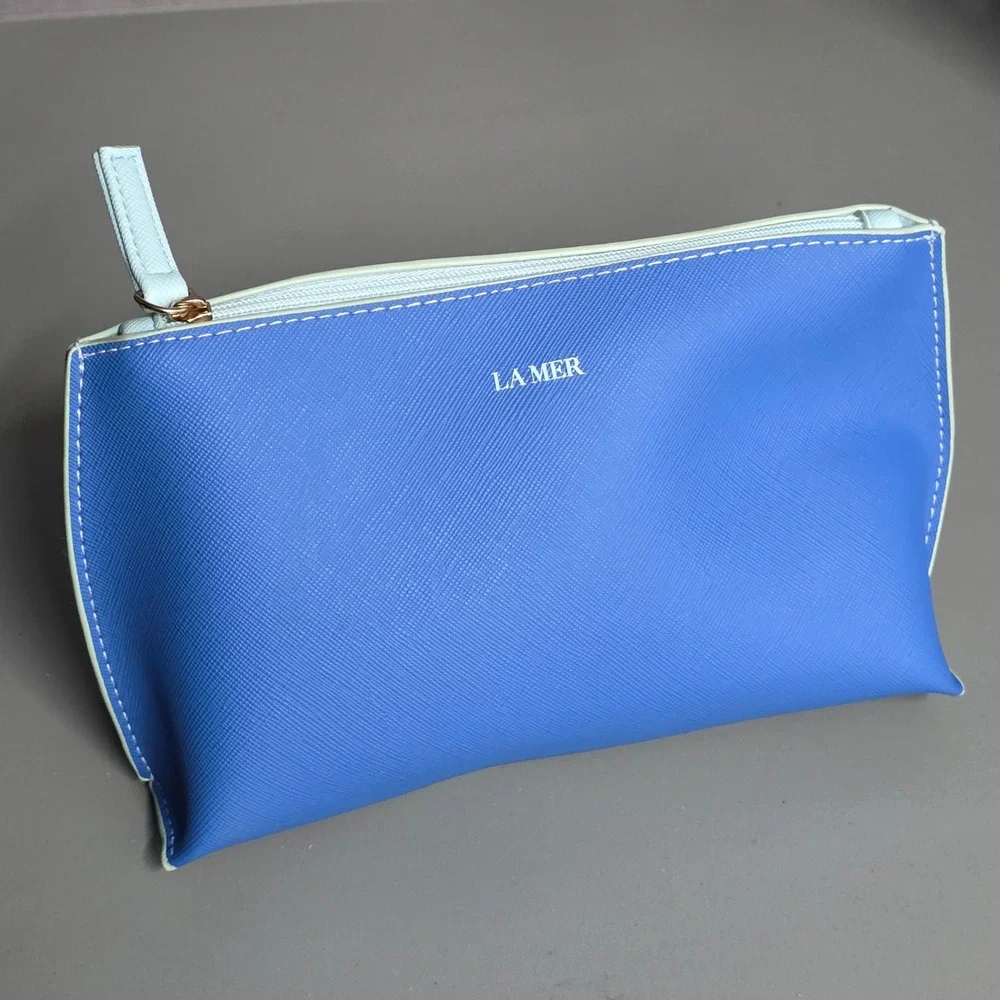 La Mer Blue Saffiano Textured Cosmetic Makeup Bag Travel Pouch Mint Trim